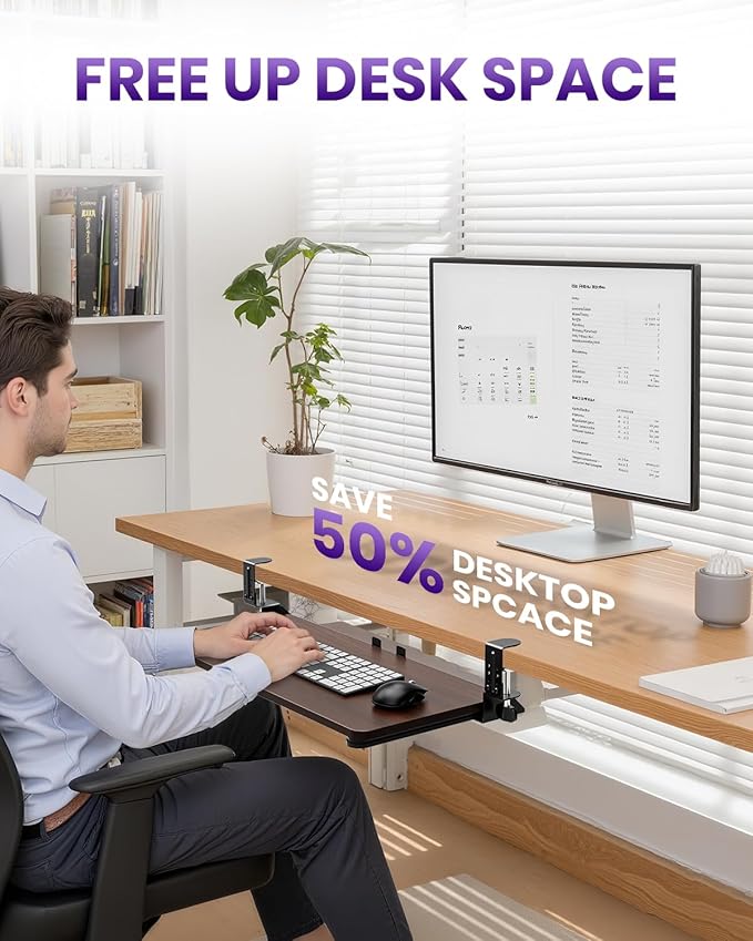 Ergonomic Keyboard Tray Under Desk, Pull Out with Adjustable C-clamp, 25.6 (31.5 Including Clamps) x 11.8 Inch Slide Out Computer Keyboard Drawer Mouse Tray for Typing, Large & Walnut