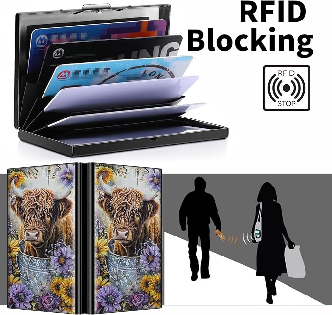 Metal Wallet, Credit Card Holder for Women Men Girls, RFID Blocking Aluminum Wallet Slim Hard Case, Mini Travel Wallet, ID Card Holder Business Card Case,Cow Art