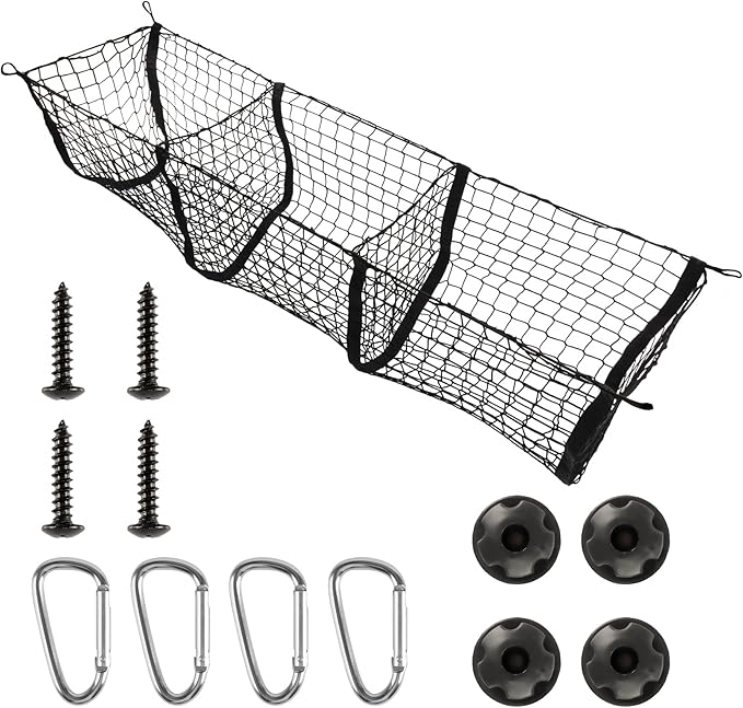 Amiss Heavy Duty Mesh Cargo Net, 3 Pocket Trunk Bed Storage Organizer Compatible for SUV, Car, Pickup Truck Bed, Etc.with 4 Metal Hooks (11.8×11.8×47.3 Inch), Black
