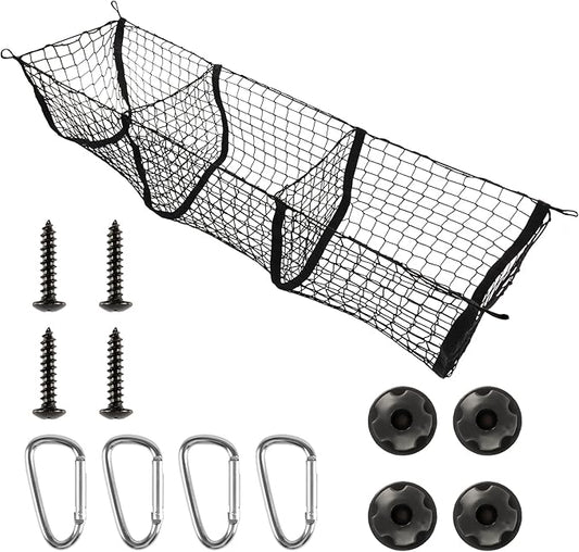 Amiss Heavy Duty Mesh Cargo Net, 3 Pocket Trunk Bed Storage Organizer Compatible for SUV, Car, Pickup Truck Bed, Etc.with 4 Metal Hooks (11.8×11.8×47.3 Inch), Black
