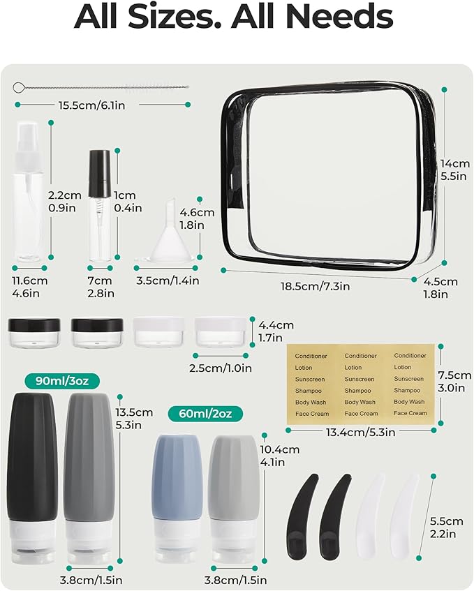 BAGSMART 18 Pack TSA Approved Travel Bottles for Toiletries, Leak Proof Silicone Travel Size Containers Bottles for Shampoo, Grey