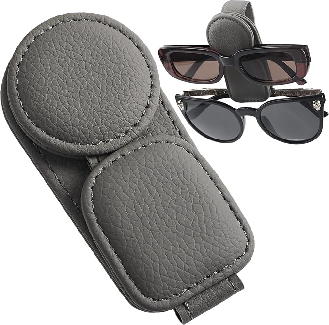Konohan Sunglasses Holder for Car Visor Leather Eyeglass Hanger Magnetic Sunglasses Holder with 2 Clips(Light Gray)