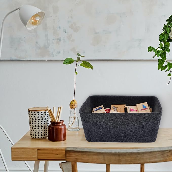 Welaxy Felt Storage Bin, Deep Wide Drawer Organizer Caddy for Makeup, Jewelry, Stationery, Closet & Bathroom, Minimalist Storage Box (Charcoal Bin, M)