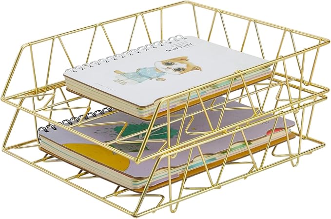 PAG Desktop File Organizer Metal Stackable Letter Tray Paper Holder Rack, 2 Pack, Gold