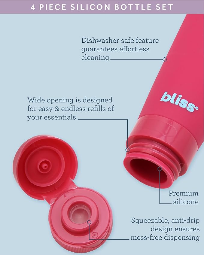 Bliss Travel Bottles Set - 4/7/10 Piece TSA Approved Leak-Free Refillable Travel Size Toiletries Containers for Skincare, Lotion, Shampoo, and Conditioner, 4pc Silicon Amalfi Vibes