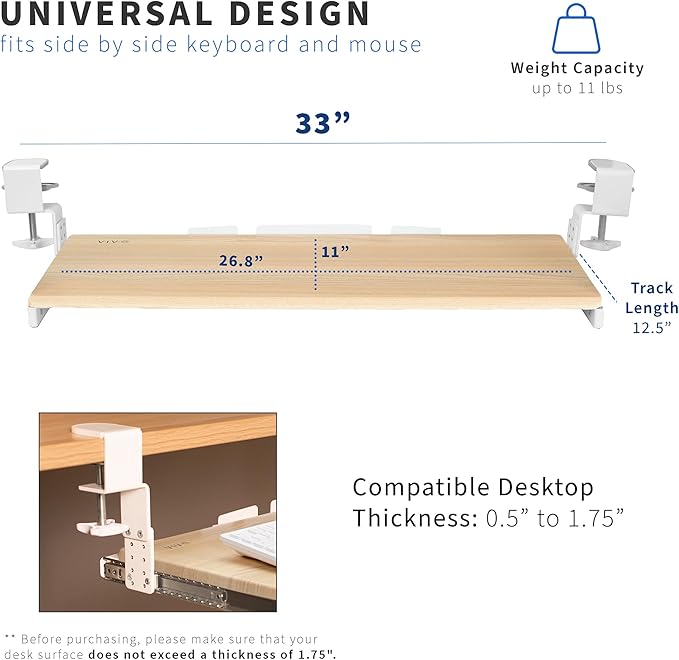 VIVO Large Height Adjustable Under Desk Keyboard Tray, C-clamp Mount System, 27 (33 Including Clamps) x 11 inch Slide-Out Platform for Typing, Light Wood, MOUNT-KB05HA