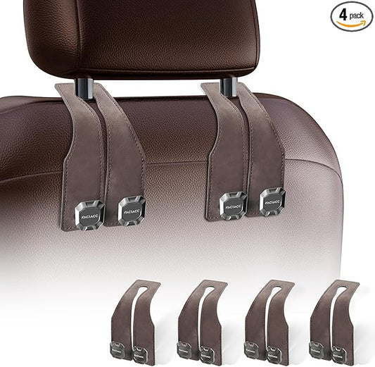 FACIACC 4 Pack Car Seat Headrest Hooks, Purse Hook for Headrest Universal Double Car Headrest Hooks Accessories Backseat Hanger Bag Holder Storage Hanger for Handbag Purse Coat Bags, Brown