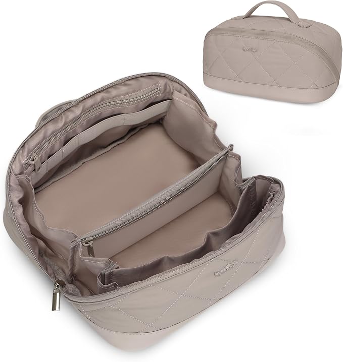 Hynes Eagle Travel Makeup Bag for Women Puffy Cosmetic Organizer Pouch Open Flat Toiletry Bag for Toiletries Brushes Structured Base Classic Camel