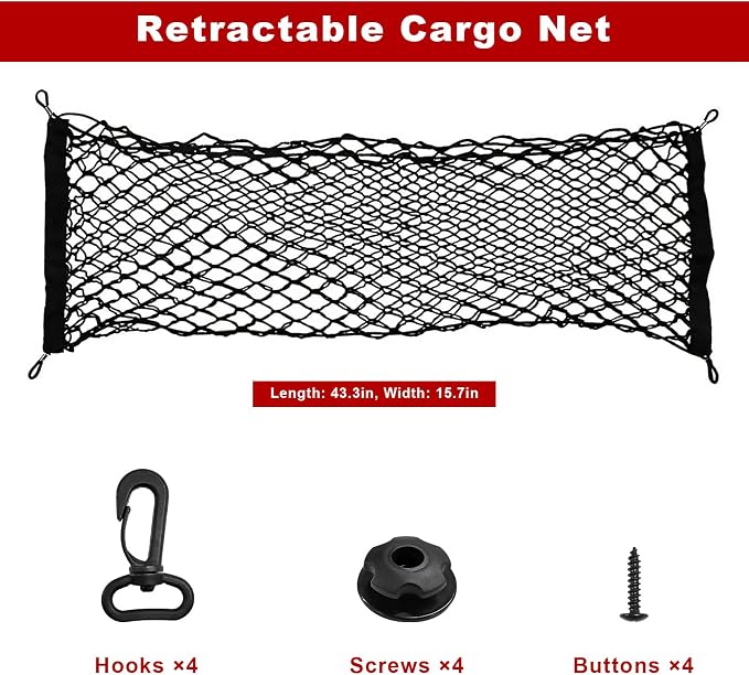 Stretchable Cargo Net, 43.3×15.7 Inch Highly Elastic Auto Trunk Bed Cargo Mesh Organizer with Hooks, Double-Layer Trunk Storage Net Interior Accessories for Car Truck SUV