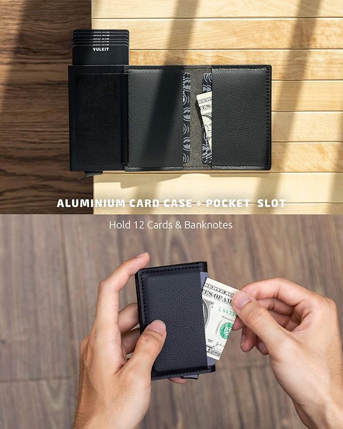 VULKIT Credit Card Holder RFID Blocking Leather Automatic Pop Up Wallet Aluminum Pocket Business Card Case