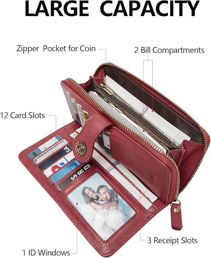 TFKGS Wallet for Women RFID Blocking Leather Large Capacity Card Holder Ladies Phone Clutch Travel Long Purse Wristlet | RFID Blocking, Leather, Large Capacity, Ladies, Travel