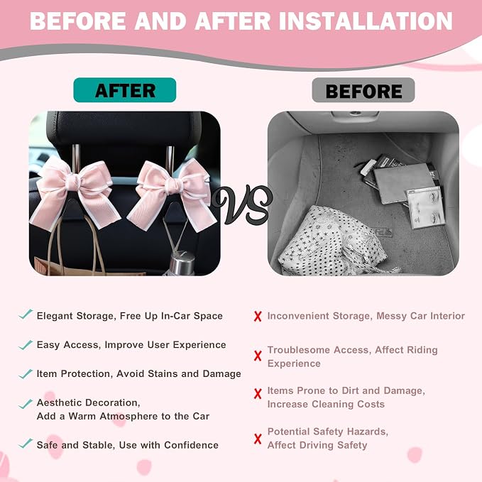2PCS Car Seat Headrest Hooks, Cute Bow Vehicle Rear Seat Bracket Hook for Purses and Bags, Automotive Purse Hook Hanger, Universal for SUV, Sedan, Truck (Pink+White)