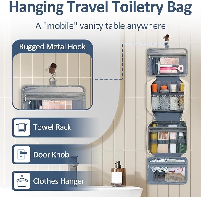 Vankor Travel Toiletry Bag for Women with Hanging Hook, Waterproof TSA Approved Cometic Toiletry Bag Organizers Leakproof Make up Bags for Women Beige