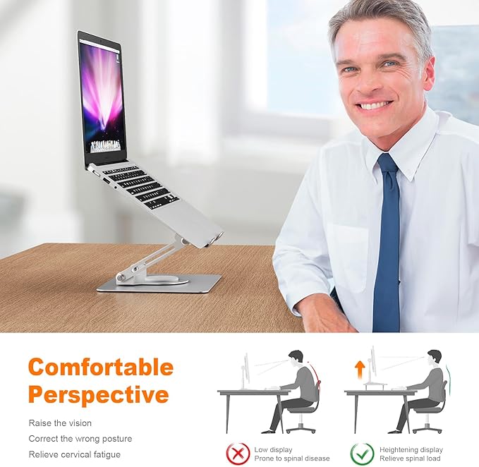 GRIFEMA Laptop Stand for Desk, Foldable Laptop Riser with 360° Swivel Base, Adjustable Height & Angle, Ventilated Computer Stand Compatible with MacBook Air/Pro, Dell, and 11-17" Laptops - Silver