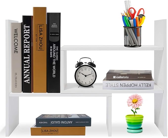 Hossejoy Wood Adjustable Desktop Storage Organizer Display Shelf Rack, Office Supplies Desk Organizer,White