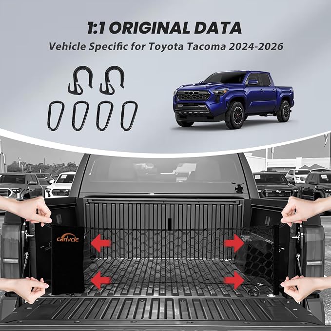 Truck Bed Cargo Net for Toyota Tacoma 2024-2026, Envelope Style Pickup Truck Bed Net for Tacoma Accessories, Upgraded Trunk Cargo Net Storage Bag with Metal Carabiners