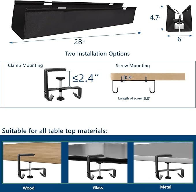 No Drill Under Desk Cable Management Tray, 28" Fabric Cord Hider for Wire Organizer, Clamp/Screw Mount Desk Cable Management, Cable Raceways Tray Cord Hiders for Office/Home