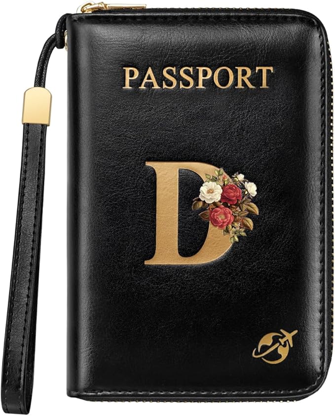 Passport Holder Cover Wallet with Zipper Personalized Initial Letter D Rose Flower RFID Blocking Travel Wallets Credit Cards Holder for Women, Gift for Wife and Girlfriend,D