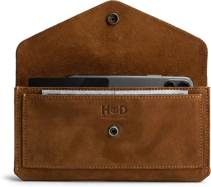 Hide & Drink, Full Grain Leather Large Female Wallet, Travel Organizer for Women, Vintage Money and Card Holder, Handmade, Swayze Suede