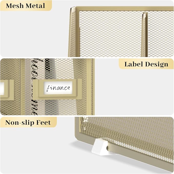 SUPEASY Desk Organizers Metal Desk Magazine File Holder with 5 Vertical Compartments Rack File Organizer for Office Desktop, Classroom, Home Workspace, Golden Yellow