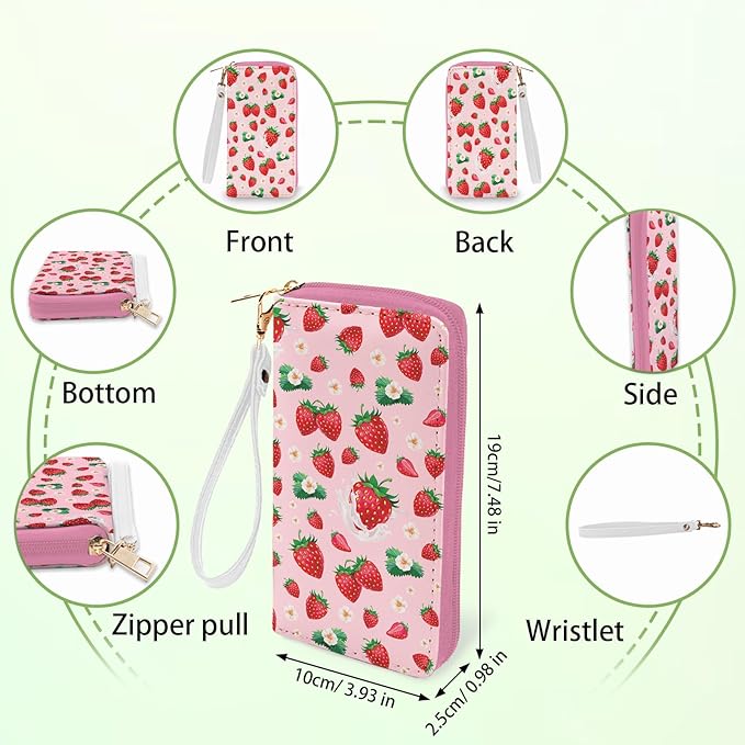 Strawberry Lovers Gift for Womens Wallet - Slim PU Leather Pink Strawberry Wallet for Women with Zipper, Credit Card Holder Wallets, Wristlet Wallets for Female Ladies Girls Birthday