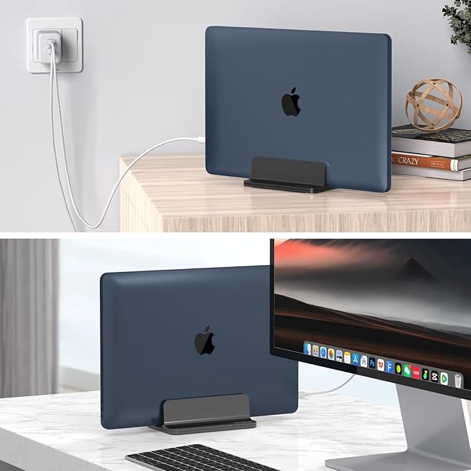 Aluminum Vertical Laptop Stand for Desk - Adjustable Width Dock for MacBook, Surface, Samsung, HP, Dell up to 17.3 inches - Space-Saving & Protective Design - Black