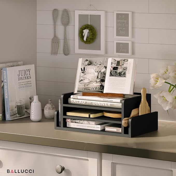 Ballucci 3-Tier Desk Organizer with 2 Side Mail Sorter Slots, Wood Letter Tray, Open Top Paper Organizer, Desktop File Organizer, Black