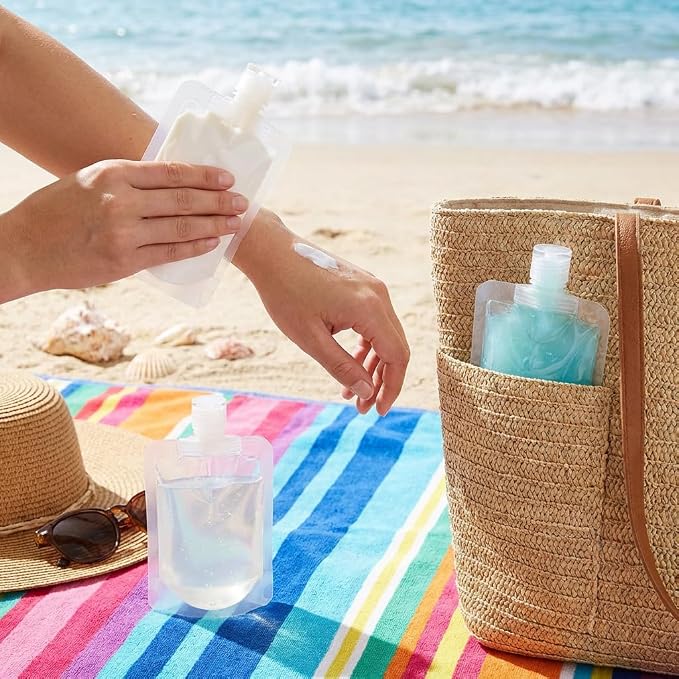 Travel Pouches for Toiletries, 13 Pack TSA Approved Refillable Travel Liquid Pouches, Flat Travel Bottles for Toiletries, Reusable 3oz Portable Containers with Funnel, Labels & Clear Carry On Bag