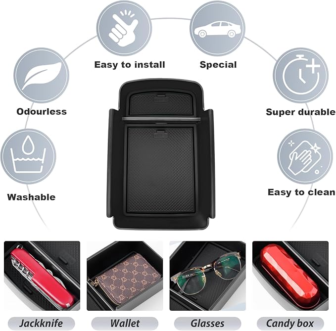 SKTU for 2024 2025 2026 Chevrolet Trax Center Console Organizer 2024-2026 Chevy Trax Insert ABS Materials Tray Armrest Storage Box 2024 2025 2026 Chevy Trax Accessories with Sunglasses Holder (Black)