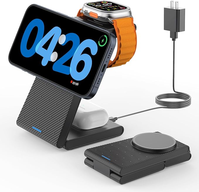 GEEKERA 3 in 1 Wireless Charging Station for Magsafe, Foldable Magnetic Wireless Charger Stand for Multiple Devices, Wireless Charger for iPhone 17 16-12 Series, Apple Watch 11-2, AirPods 4/3/2/Pro