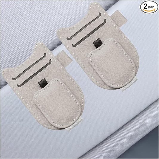 2PCS Sunglass Holder for Car Sun Visor, Magnetic Leather Vehicle Glasses Eyeglass Mount & Ticket Card Clip, Automotive Interior Visor Accessories, Universal for Sedan SUV Truck (Beige)