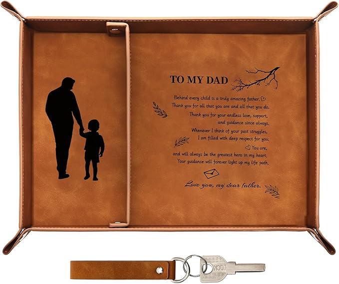Best Dad Ever Gifts PU Leather Valet Tray, Key Tray Christmas Gifts for Dad Who Wants Nothing, Unique Dad Gifts from Daughter Son, Large