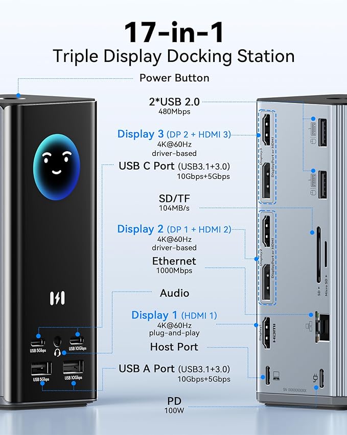 Selore Laptop Docking Station, USB-C USB 3.0 Universal Dock, Triple 4K 3 HDMI 2 DP, Smart LCD Digital Display, for Windows MacBook macOS (Driver Required)