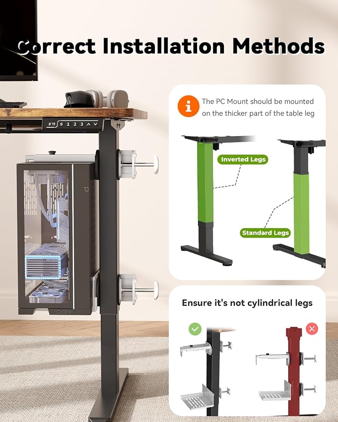 JOY worker Under Desk PC Mount for Standing Desk, Clamp-On Desk Leg Computer Mount, No Drilling, Adjustable Computer Case CPU Holder Holds Up to 44lbs, White PC Tower Mount