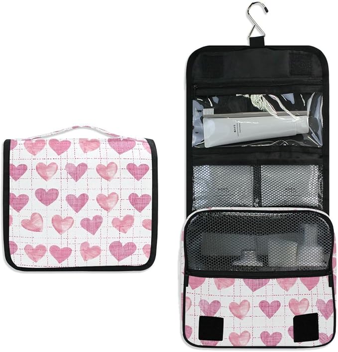 senya Hanging Travel Toiletry Bag Cute Kit Makeup Case Cosmetics Organizer for Men Women (Pink Hearts White Base)