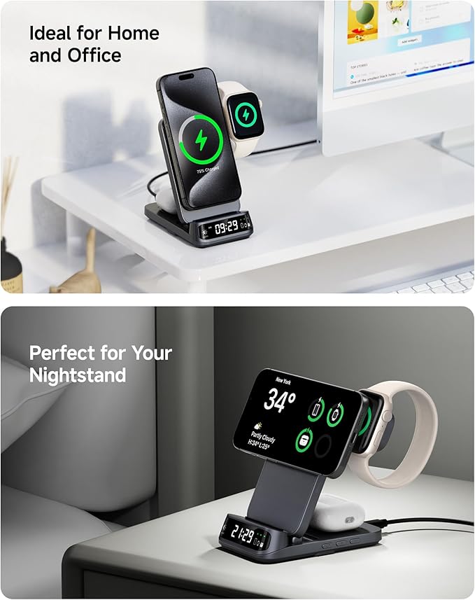 Wireless Charger Stand Compatible with MagSafe, SwanScout 708M, Foldable 3 in 1 Magnetic Wireless Charging Station for iPhone Air/17/16/15 Series, Travel Charger for Apple Watch, AirPods (No Adapter)