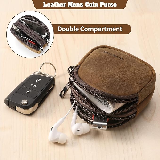 Jack&Chris Coin Purse for Men, Genuine Leather Mini Coin Wallet Zipper Pocket with Back Belt Loop, Coin Bag for Men