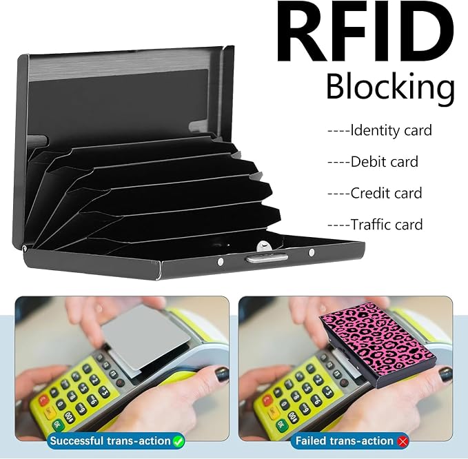 Credit Card Holder Pink Leopard Print Design Mini RFID Blocking Aluminum Wallet Slim Metal Hard Cover Shell Travel Wallet ID Cases Small Credit Cards Case Business Cards for Women Men Girls