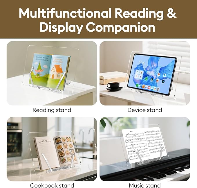 Beswishy Cookbook Stand,Folding Music Stand, Book Display Stand,Acrylic Book Stand,Paper Holder Stand for Desk,Book Opener Holder,Clear Desktop Easel,Clipboard Stand