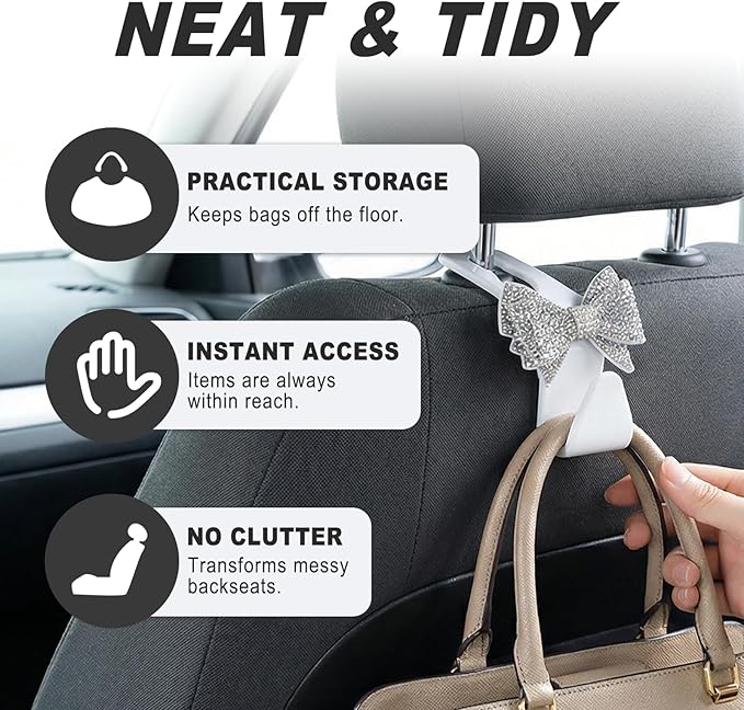 2PCS S-Type Bling Car Seat Headrest Hooks, Crystal Rhinestone Bow Seat Hooks for Purses and Bags, Rhinestone Car Accessories for SUV, Truck, Sedan (Silver)