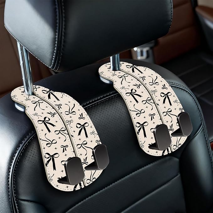 Blusabaca 2PCS Car Hooks for Purses Bags, Cute Black Ribbon Bow Seat Back Storage Headrest Holder Hanger PU Leather Double Metal Backseat Organizer, Women Car Accessories Organization
