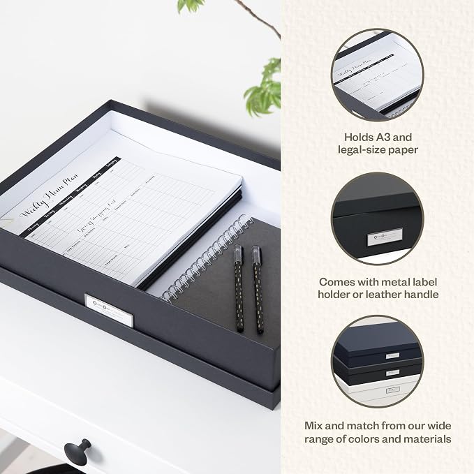 Bigso Sverker Fiberboard Legal and Art Storage Box - Scrapbook Storage Box for Loose Papers and More - Durable Document Boxes with Lid and Metal Label Holder - 17.1 in x 12.2 in x 3.3 in - Dark Grey