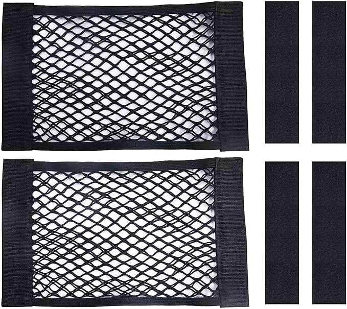 2PCS Universal Car Cargo Net with Adhesive Tape, 9.8×15.7in Trunk Storage Mesh Pocket Wall Mount Organizer Bag for Car RV SUV Boat Truck Camper Van Trailer (Black)