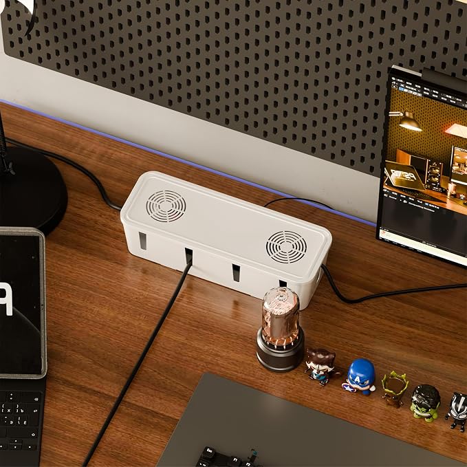 Cable Management Box, Cable Organizer Box and Power Strip Box, Power Strip Protector Box - Wire Box Hider for Desk - 10 Open Slots (White)