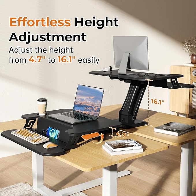 28" Standing Desk Converter, Height Adjustable Clamp Desktop Riser with Keyboard Tray, Sit Stand Monitor Riser Workstation for Home Office, Magnets Inclued, Black