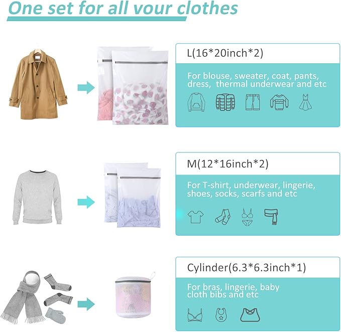 GOGOODA Mesh Laundry Bags for Delicates Durable Protective Wash Bags Travel Storage Bags for Intimates Lingerie,5PCS（2M,2L,1 Bra Bags）
