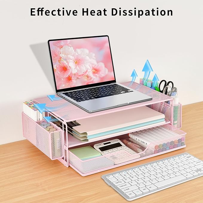 AUPSEN Computer Monitor Stands Riserï¼?-Tier Desk Organizers and Accessories, Office Desk Accessories Organizer with Drawers and 2 Pen Holder for Office Supplies (Pink)