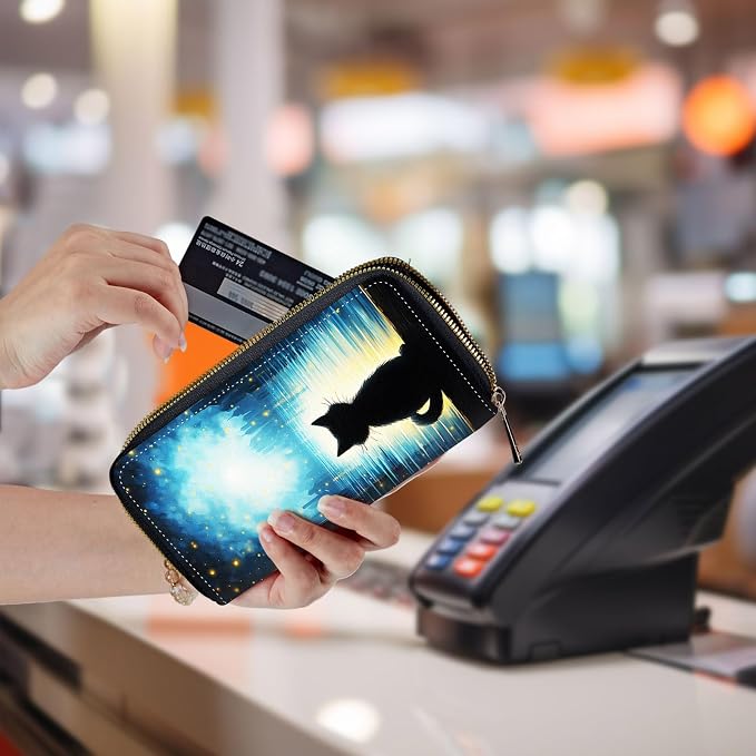 Wallet,Leather Long Wallet Suitable For Ladies And Teenagers - Detachable Wristband + RFID Travel Wallet With Card Slot - Black Cat