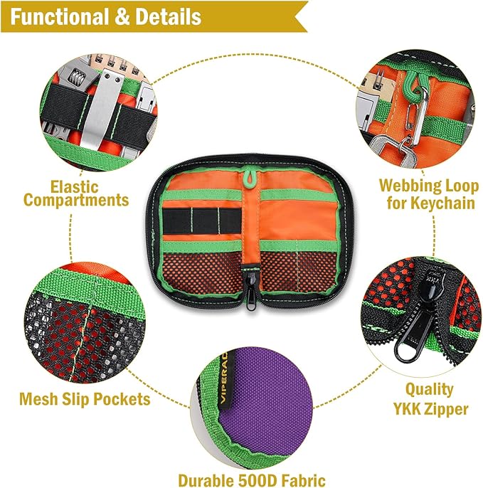 VIPERADE VE10 EDC Pouch Small Pocket Tool Pouch with 10 Compartments, Men's Pocket Organizer for Multitools, EDC Organizer with Patches Area for DIY (Green+Purple)