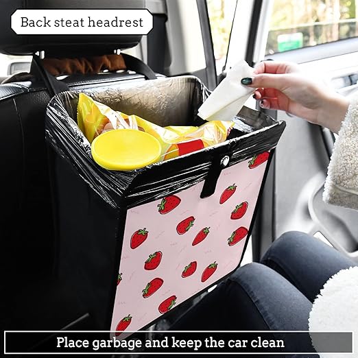 Cute Strawberry Pink Car Trash Can Foldable Hanging Car Trash Bag Bin Auto Garbage Can Leak-Proof Car Organizer(Large)